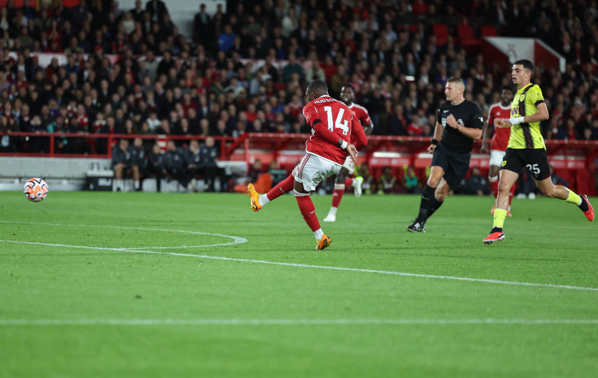 Callum Hudson-Odoi pictured shooting to score his first goal for Nottingham Forest on his debut against Burnley in September 2023